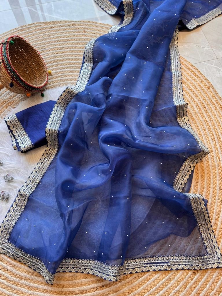 leela pure blue organza silk s 1746869399 Leela Pure Blue Organza Silk Saree With Thread Sequnce Work