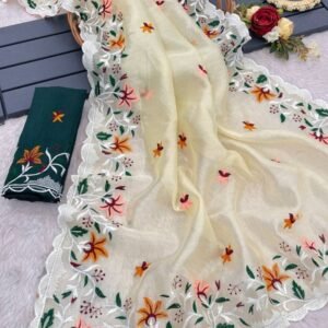 Lemon Beautiful Heavy Embroidery Work Khadi Organza Silk Saree