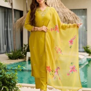 Lemon Yellow Embroidered Kurti with Floral Dupatta