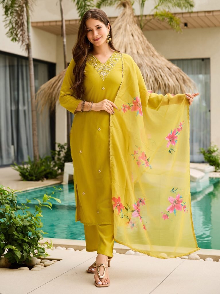 lemon yellow embroidered kurti 1755083619 Lemon Yellow Embroidered Kurti with Floral Dupatta
