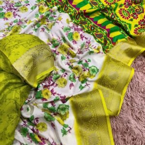 Lemon Yellow Floral Printed Semi Dola Silk Saree