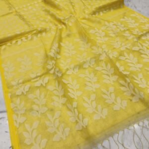 Lemon Yellow Pearl Print Jharapata Muslin Cotton Soft Jamdani Saree