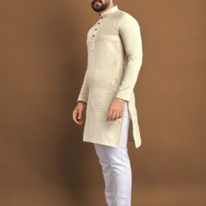 Lemon Yellow Poshak Soft Jacquard Buti Men Kurta With Pajama
