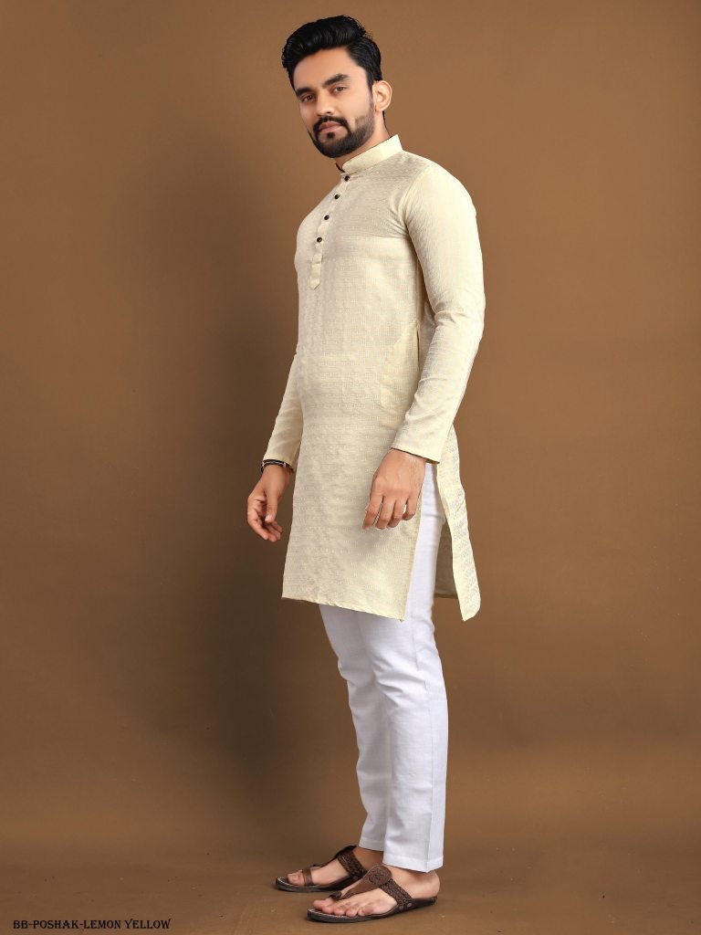 lemon yellow poshak soft jacqu 1717136675 Lemon Yellow Poshak Soft Jacquard Buti Men Kurta With Pajama