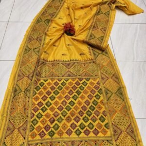 Lemon Yellow Soft Bangalori Handcraft Kanthastich Saree