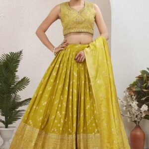 Lemon Yellow Viscose Jacquard Silk Lehenga Choli Set