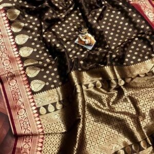 Lichi Silk Brown Saree With Golden Zari Butti Work