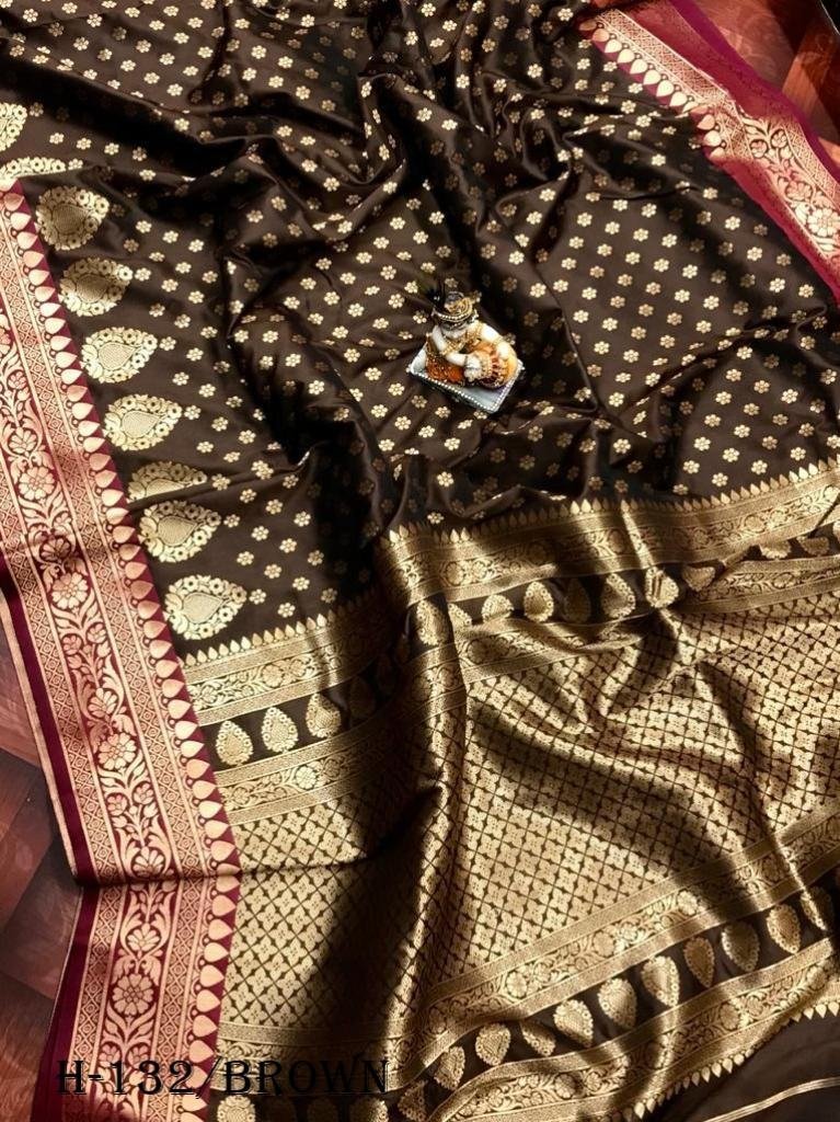 lichi silk brown saree with go 1725964440 Lichi Silk Brown Saree With Golden Zari Butti Work