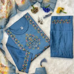 Light Blue Fancy Muslin Hand Work Kurti Pant Set