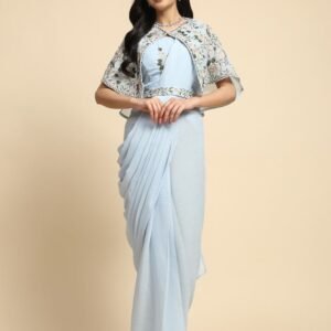 Light Blue Imported Chiffon Saree With Embroidered Belt