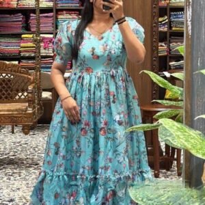 Light Blue Short Puff Sleeves Kota Chex Midi Dress