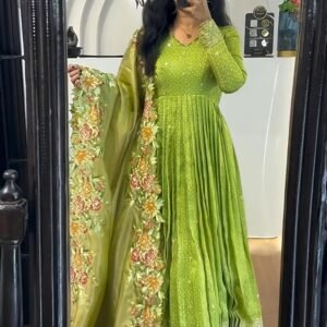 Light Green Chinon Silk Embroidery Sequence Work Gown