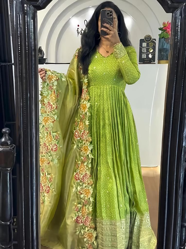 light green chinon silk embroi 1747218054 Light Green Chinon Silk Embroidery Sequence Work Gown