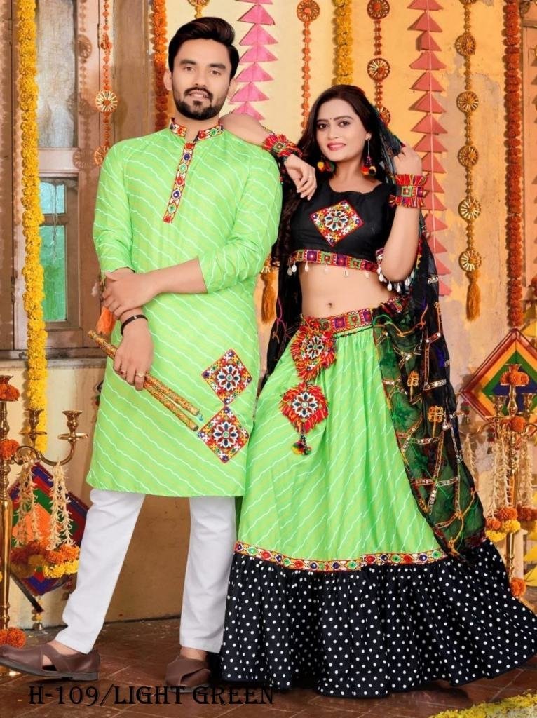 light green cotton navratri la 1725281349 Light Green Cotton Navratri Ladise and Mens Couple Combo