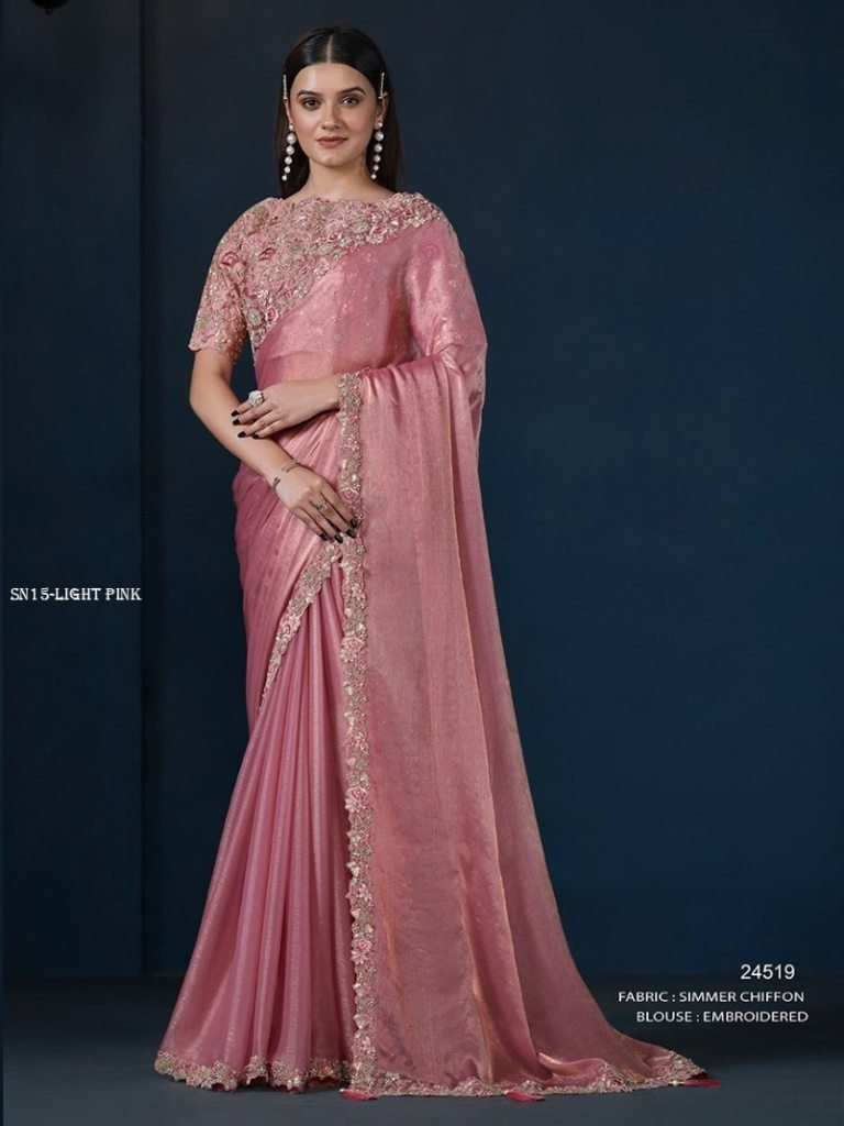 light pink chiffon saree moh m 1748681533 Light PInk Chiffon Saree Moh Manthan 24500 Series Stardust By Mahotsav