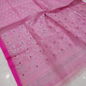 Light Pink Flower Print Soft Pure Maslin Dhakai Jamdani Saree
