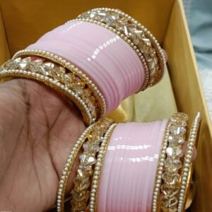 Light Pink Plain Bangles With Heart Shape Golden Bangles