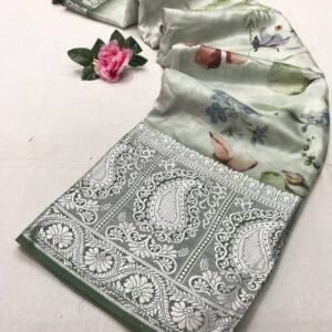 Light Pista Printed Pure Soft Tussar Satin Silk Saree With Tassels