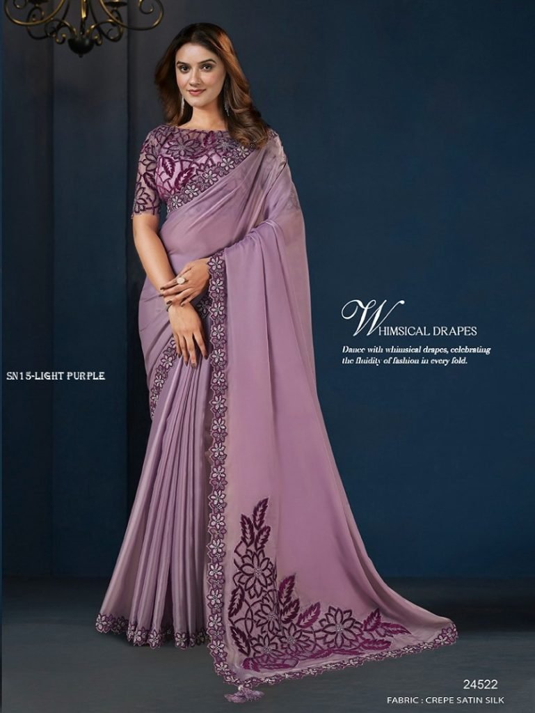 light purple crepe satin silk 1748512647 Light Purple Crepe Satin Silk Saree With Embroidery And Stone Work
