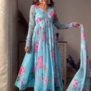 Party Wear Look Fox Georgette Digital Print Gown With Dupatta and Pant Set