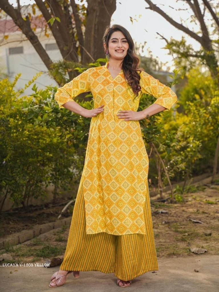 lucaya v 1803 yellow digital p 1713522275 Lucaya V 1803 Yellow Digital Printed Rayon Kurtis Pant Set