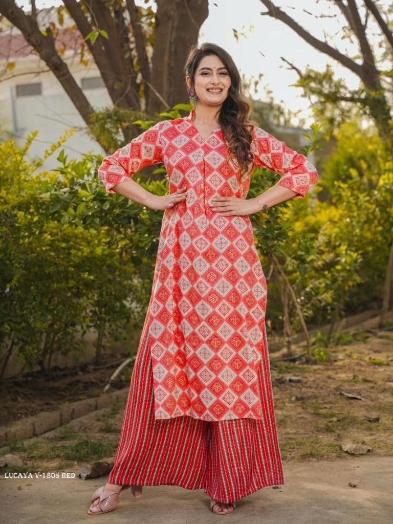 lucaya v 1805 red digital prin 1713522529 Lucaya V 1805 Red Digital Printed Rayon Kurtis Pant Set