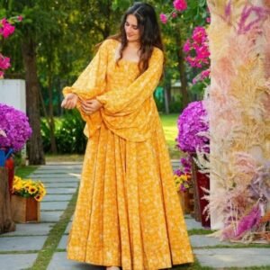 LUCAYA Yellow Digital Printed Heavy Georgette Western Gown
