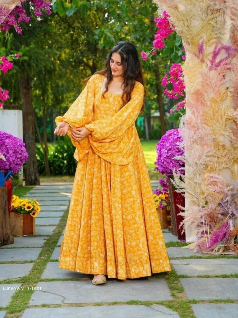 lucaya yellow digital printed 1713003854 LUCAYA Yellow Digital Printed Heavy Georgette Western Gown