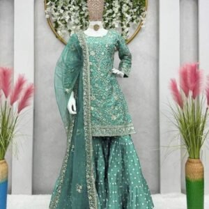 Luxurious Crepe Satin Designer Suit Set with Sharara