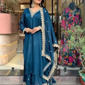 Luxurious Designer Rama Color Palazzo Suit Set with Dupatta
