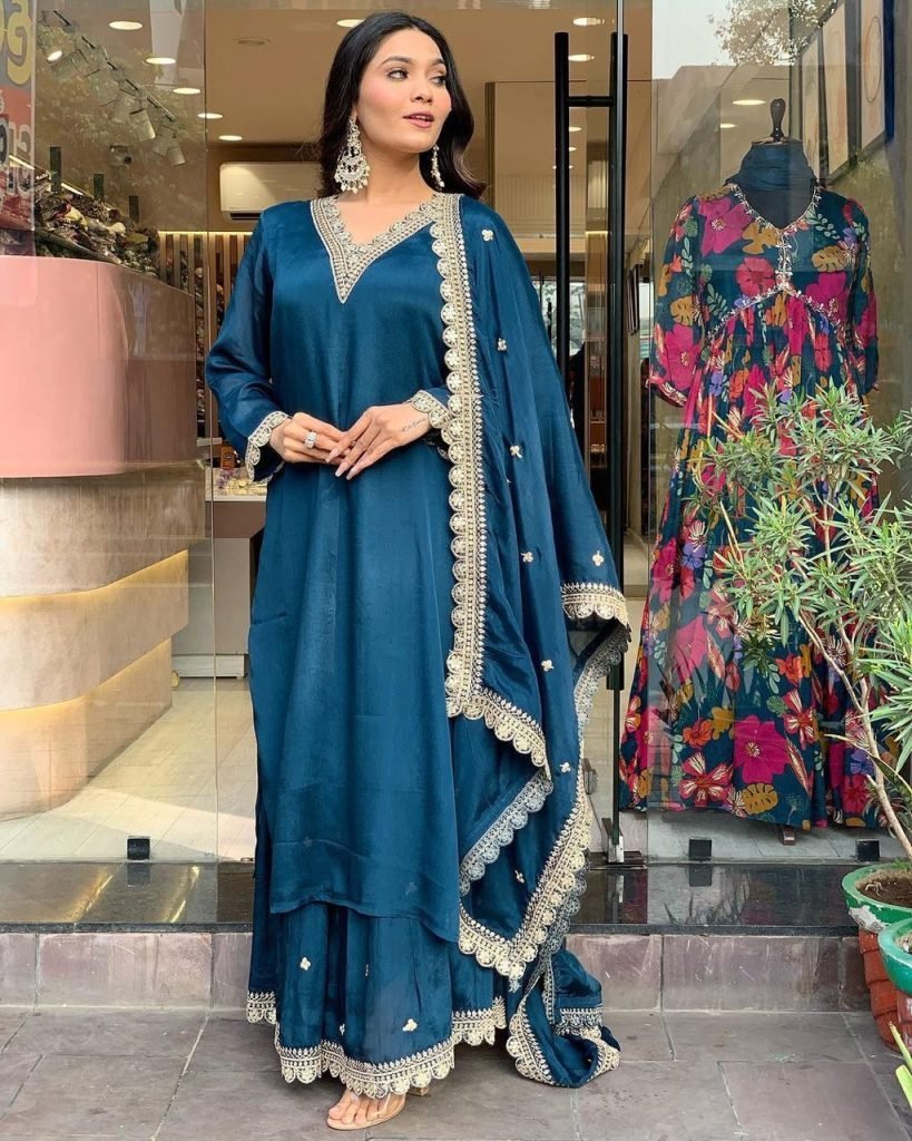 luxurious designer rama color 1732097006 Luxurious Designer Rama Color Palazzo Suit Set with Dupatta