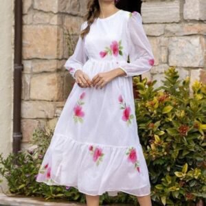 Luxurious Feel Digital Printed White Short Dress