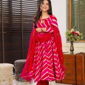 Luxurious Style Pink Muslin Leheriya Ready Made Suit