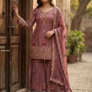 Luxury Designer Sharara Suit in Chinon Silk with Heavy Sequence Embroidery