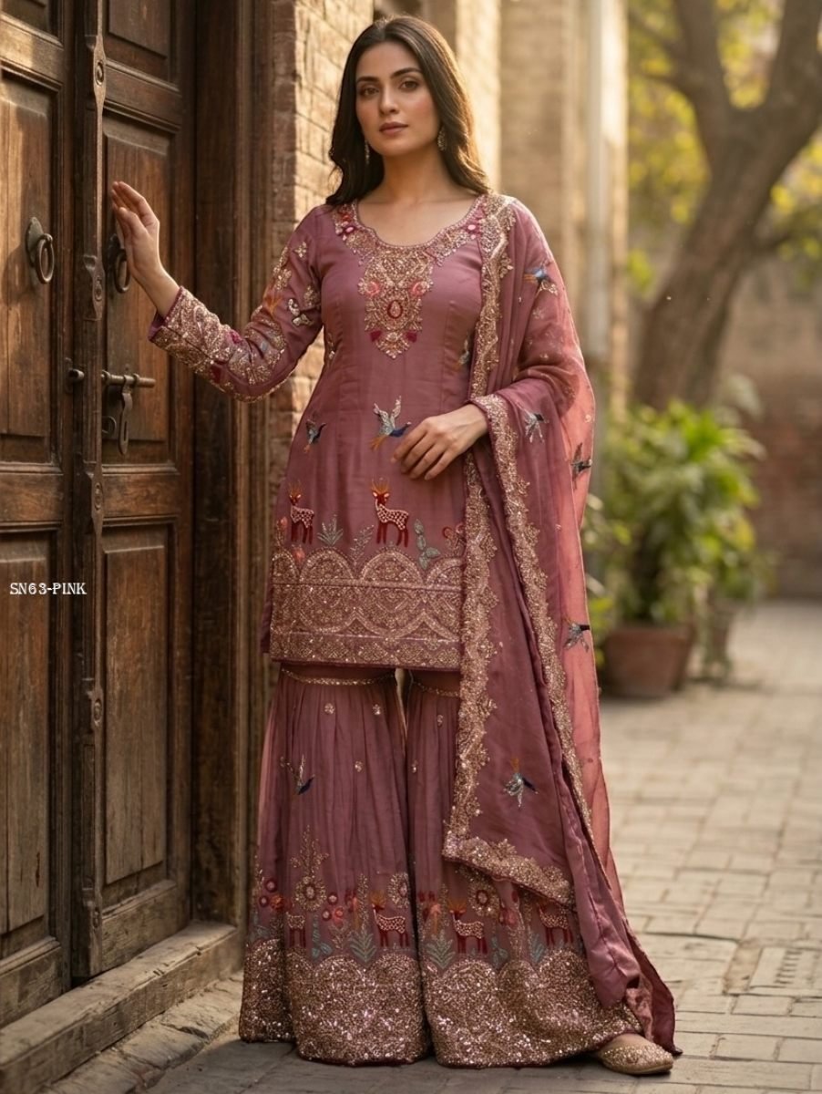 luxury designer sharara suit i 1774440947 Luxury Designer Sharara Suit in Chinon Silk with Heavy Sequence Embroidery