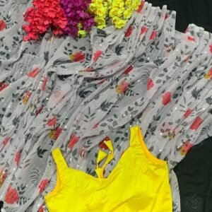 Luxury Look Off White Sequence Work Saree With Yellow Blouse