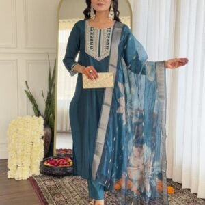 Luxury Look Teal Viscose Embroidery Work Kurtis Dupatta Pair