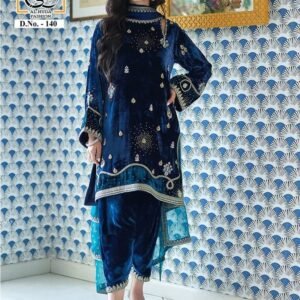 Luxury Pakistani Blue Velvet Handwork Suit With Bottom Dupatta