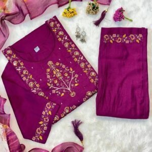 Magenta Hand Work Kurti Pant With Dupatta
