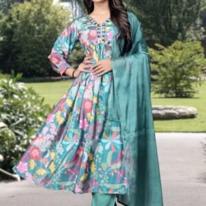 Maheera Green Embroidery With Classic Mirror Work Floral Alia Cut Suit Set