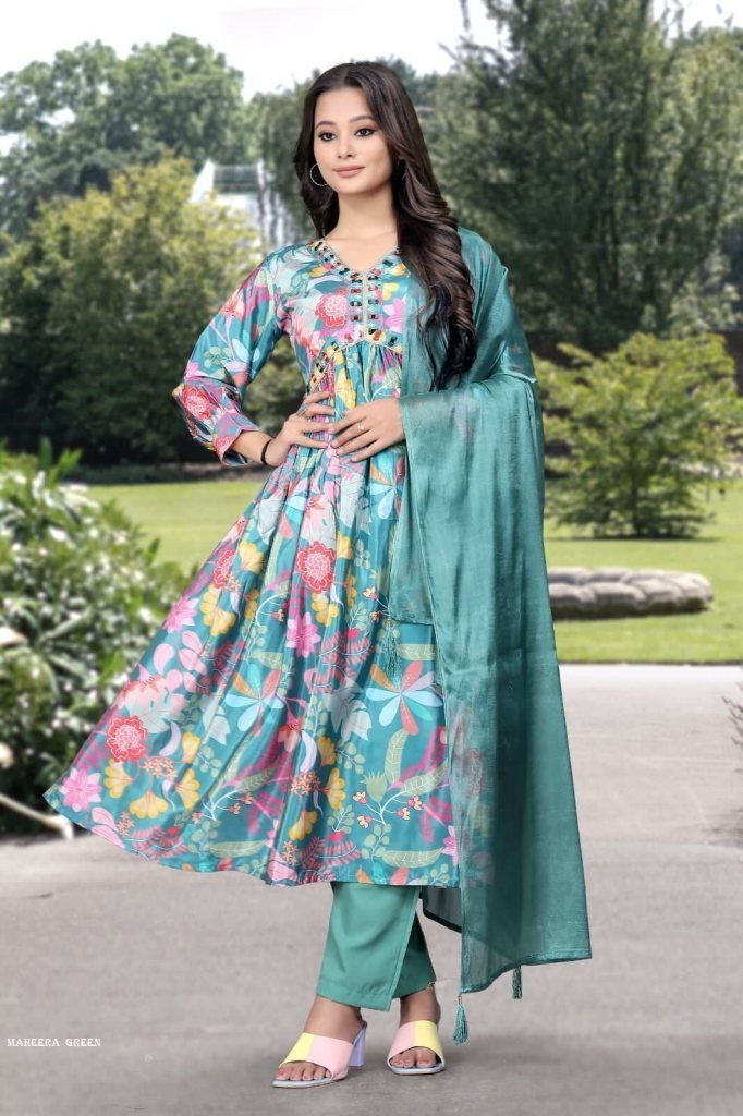maheera green embroidery with 1713430300 Maheera Green Embroidery With Classic Mirror Work Floral Alia Cut Suit Set