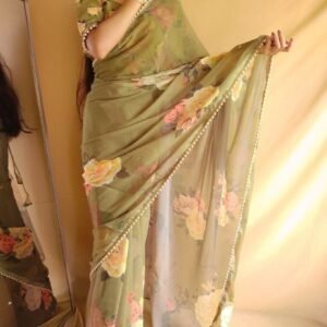Mahendi Party Wear And Pearl Lace Border Georgette Saree