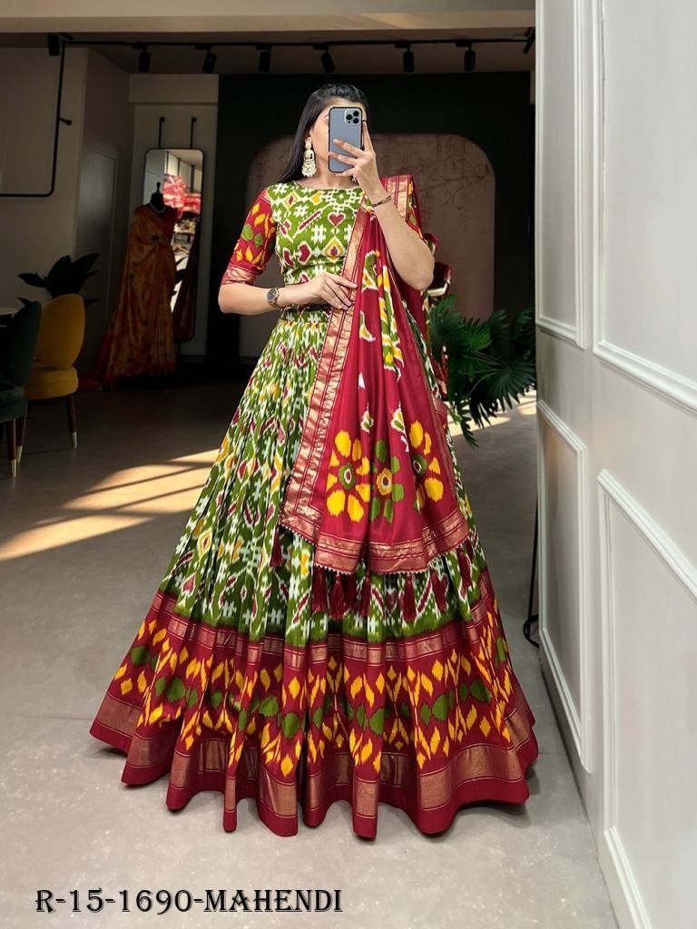 mahendi patola printed tussar 1717743515 Mahendi Patola Printed Tussar Silk Lehenga choli