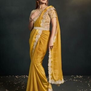Mahotsav Moh Manthan Yellow Organza Crepe Ready to Wear Saree with Stitched Blouse