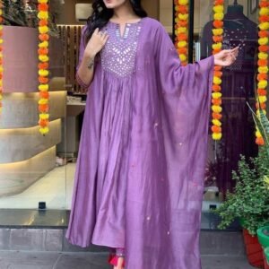 Mal Chanderi Silk Lavender Kurti Pant Set
