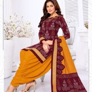 Maroon And Orange Pure Cotton Readymade Printed Patiala Suits