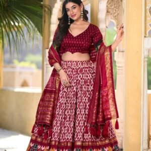Maroon Beautiful Ikkat Printed Tussar Silk Lehenga Choli With Foil Work