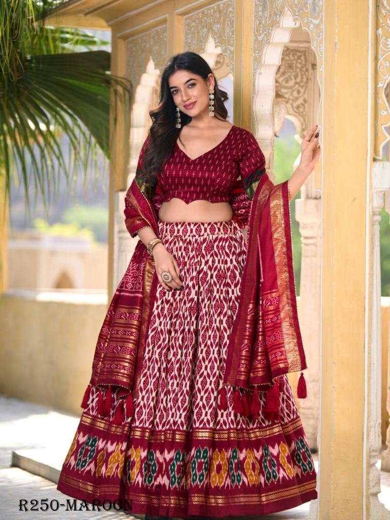 maroon beautiful ikkat printed 1724922319 Maroon Beautiful Ikkat Printed Tussar Silk Lehenga Choli With Foil Work