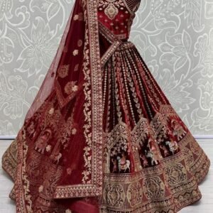 Maroon Bollywood Bridal Velvet Lehenga Choli With Beautiful Neck Work