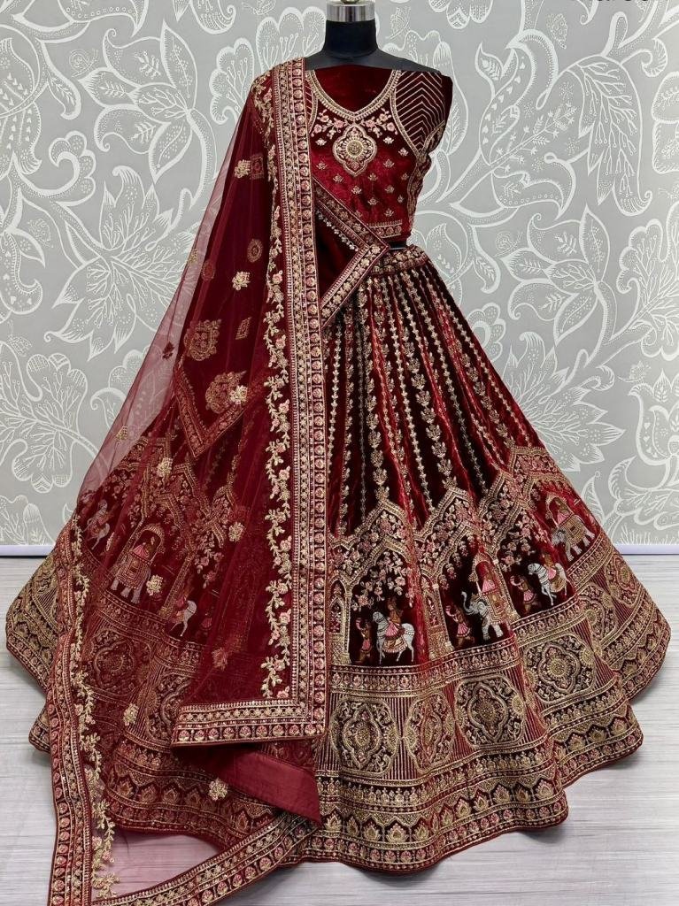 maroon bollywood bridal velvet 1728372565 Maroon Bollywood Bridal Velvet Lehenga Choli With Beautiful Neck Work